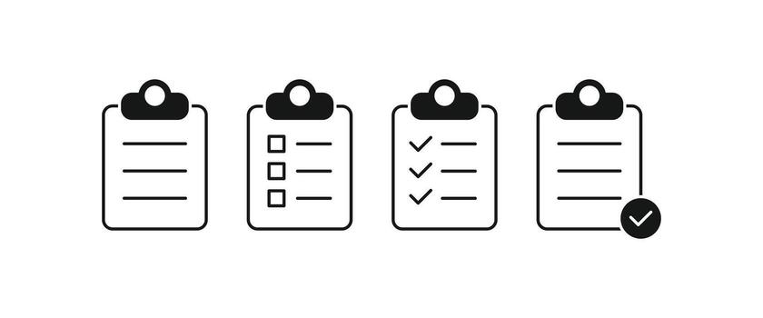 Four outline icons of document clipboards, featuring to-do list, checklist, and complete task symbols vector