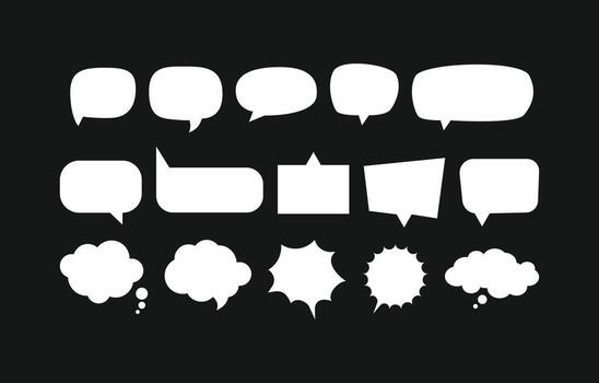 White speech and thought bubbles set on black background. Various comic chat, dialogue, and message templates. Ideal for graphic design, communication concepts, and web elements vector