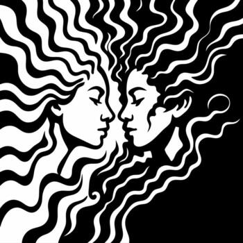 Abstract couple face intertwined with flowing lines showing unity, connection, and balance of emotion through artistic monochrome design. vector