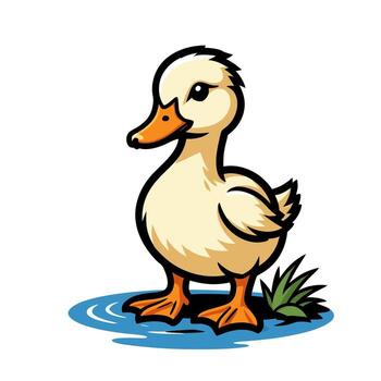 linda amarillo anadón en pie en agua superficie, dibujos animados estilo con suave colores y juguetón expresión simbolizando inocencia y encanto. vector