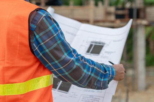 inspector. engineer is inspecting construction and quality assurance new house using a blue print. Engineer or architects or contactor work to build the house before handing it over to the homeowner photo