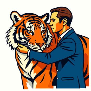 Man hugging tiger showing bond between human and nature symbolizing trust, friendship, courage, and unity in wild harmony concept. vector