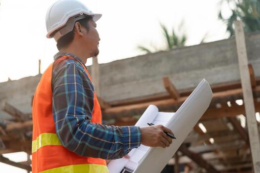 engineer inspecting. construction and quality assurance new house using a blue print. Engineer or architects or contactor work to build the house before handing it over to the homeowner photo