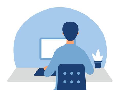 Man working on computer in home. vector