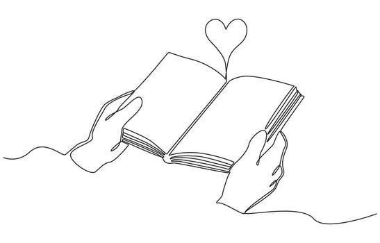 Continuous one line drawing of hands holding open book with heart shape rising from page, symbolizing love for reading, knowledge, imagination, single line art. vector