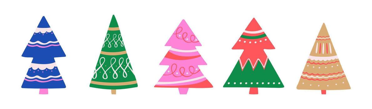 A set of five abstract Christmas trees with colorful ornaments and festive patterns. A festive decoration for a greeting card or December event. vector
