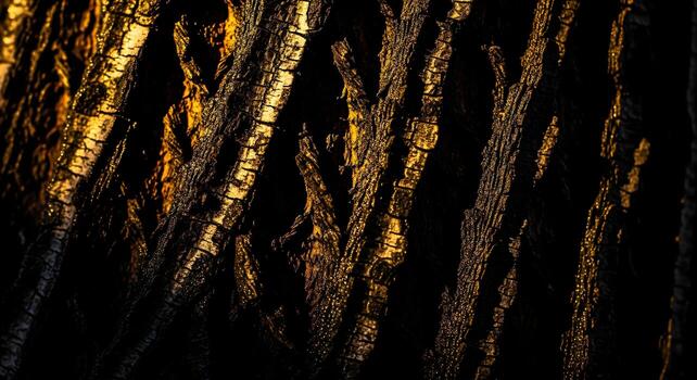 Dark brown tree bark texture with vertical lines and golden highlights illuminated by sunlight photo
