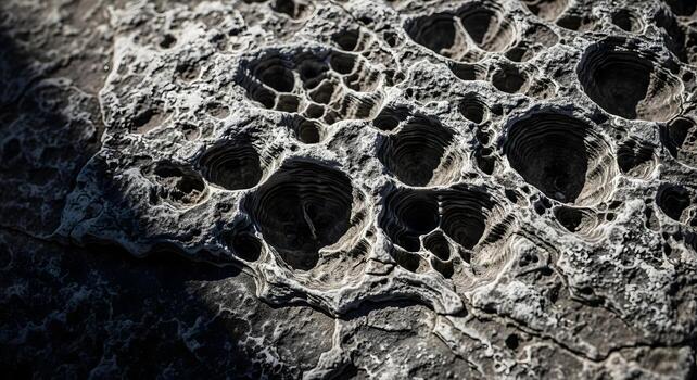 Intricate textured rock surface with numerous circular depressions and a unique pattern ideal for backgrounds and textures photo