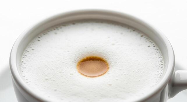 A close-up, high-angle shot of a white cup filled with a creamy cappuccino, showing the intricate foam texture and a small circle of espresso in the center against a bright, white background. photo