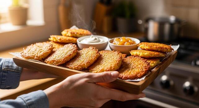 Hands carrying a wooden tray of freshly made potato pancakes, also known as latkes, served with sour cream and apple sauce in bowls, steaming and ready to enjoy in a cozy kitchen setting photo