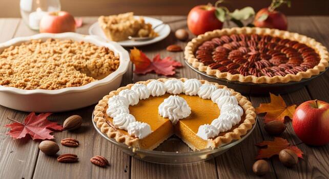 Overhead view of various thanksgiving pies including pumpkin, pecan, and apple crumble, displayed on a wooden table alongside apples, nuts, and fall leaves, conveying a warm and festive autumn harvest photo