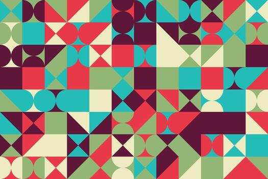 Geometric pattern with circles triangles and squares in red green blue and beige color palette design art vector