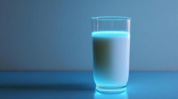 A glass of milk illuminated with a soft blue light, creating an ethereal and calming visual effect against a simple backdrop. photo