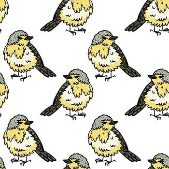 Pattern with a hand-drawn bird with black outline, color illustration of fluffy yellow bird. Standing half-turned, looking to the side. Wildlife texture, perfect, prints, textiles, naturalistic design vector