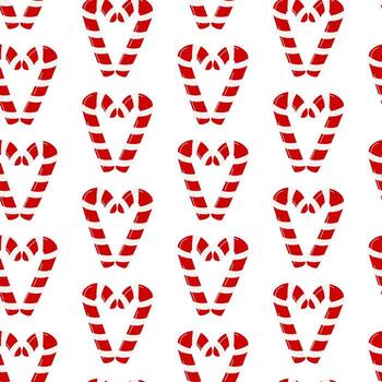 Seamless holiday pattern with red and white striped lollipops. Caramel lollipops are shaped like a heart. Repetitive texture for Christmas backgrounds, wrapping paper, and textile prints. vector