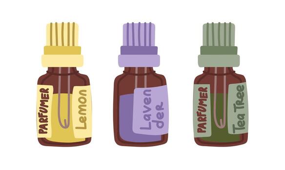 Set of multicolored jars with aromatic oils for cosmetics. multicolored flat illustration. Artistic design element for creative projects, packaging, cosmetics. Perfect printing use in cosmetic vector