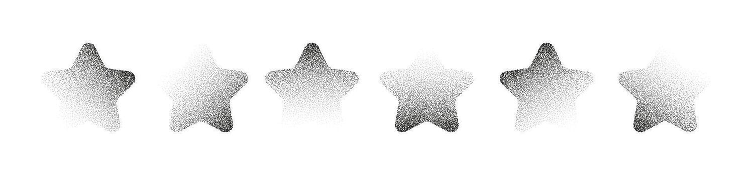 Set of abstract stars with grain, halftone, and noise texture. Grunge icons in retro style. Gradient sparkle elements and dotted starburst pattern isolated on white background vector