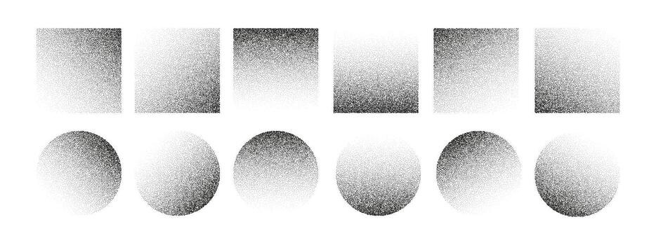 Abstract gradient set with square and round shapes, grain and noise texture. Stipple pattern, halftone effect, and grunge dust elements. Modern geometric design in black and white retro style vector