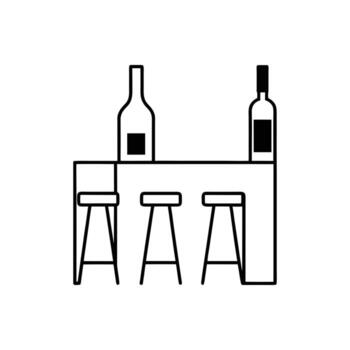 Simple Bar Counter with Stools and Alcohol Bottles Line Icon vector