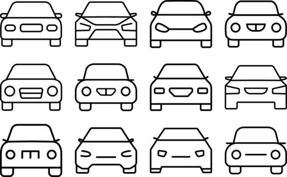 frente ver coche icono conjunto en mínimo línea estilo. vector