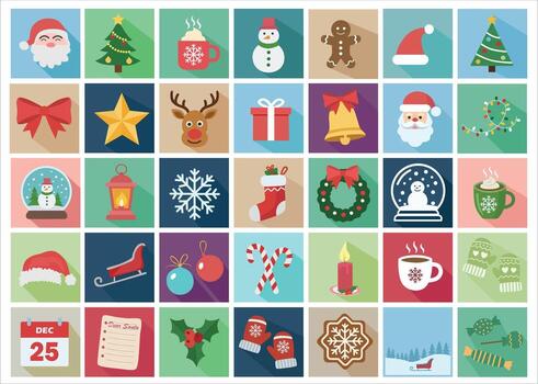 Christmas icon set with long shadow isolated on separated colorful background. Christmas element set in flat cartoon style. vector