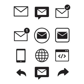 A comprehensive icon set for digital communication and online messaging, featuring essential UI elements for web and mobile applications vector