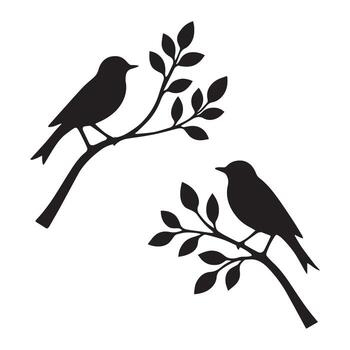 Set of two silhouettes of songbirds resting on tree branches with leaves, isolated on a white background vector