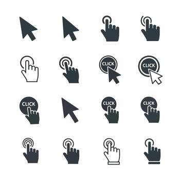 Set of cursor icons, including pointer and hand click vector