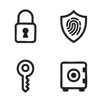 Minimal Security Icons Set - Lock, Key, Fingerprint Shield, and Safe Symbols in Black and White vector
