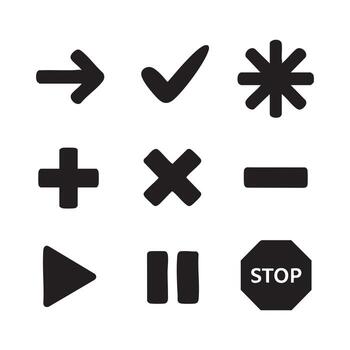 mínimo negro y blanco ui íconos conjunto - flechas, marcas de verificación, matemáticas símbolos, y medios de comunicación control S vector