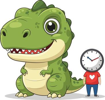 A cartoon dinosaur with a clock and a man standing next to it vector