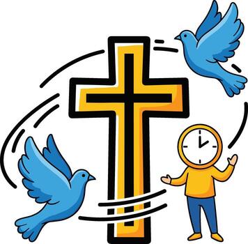 un hombre es en pie en frente de un cruzar con dos palomas volador alrededor él vector