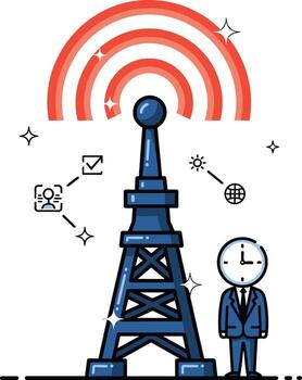 The man is standing in front of the tower with the phone and the wifi symbol vector