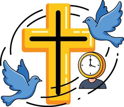 A cross with a clock and two doves vector