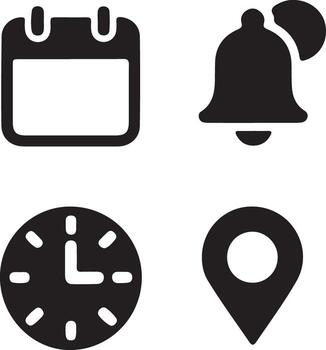 Four simple transparent icons representing calendar notification clock and location vector