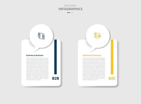 B2B vs B2C comparison for infographic with drop shadow style with callout discussion box on top of round vertical box two point list information vector