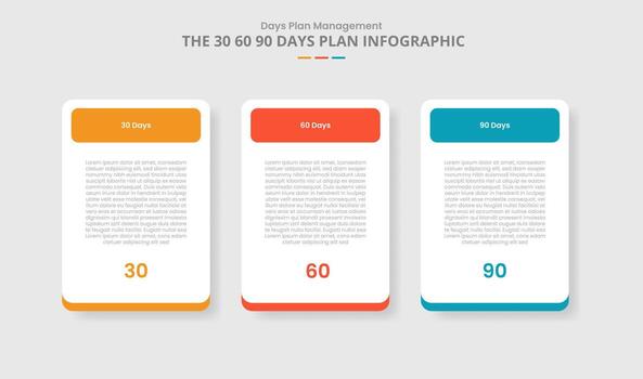 30 60 90 days management framework for infographic with drop shadow style with simple round box table with round rectangle header with 3 point list information vector