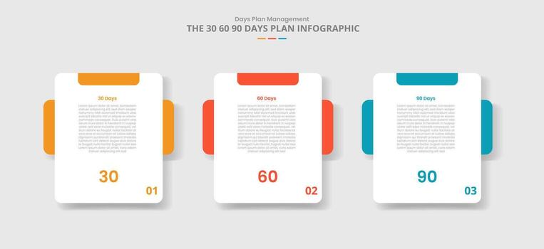 30 60 90 days management framework for infographic with drop shadow style with round box with creative header and box behind with 3 point list information vector