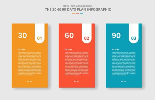 30 60 90 days management framework for infographic with drop shadow style with vertical box with round badge on top with 3 point list information vector