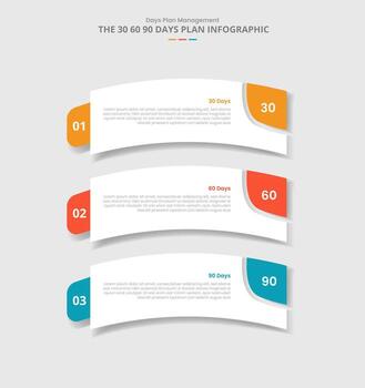 30 60 90 days management framework for infographic with drop shadow style with round rectangle box bending curve with 3 point list information vector