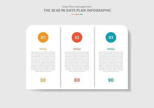 30 60 90 days management framework for infographic with drop shadow style with round box unite with circle badge on top with 3 point list information vector