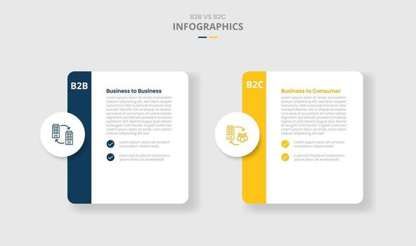 B2B vs B2C comparison for infographic with drop shadow style with round box container with circle badge and list side badge two point list information vector