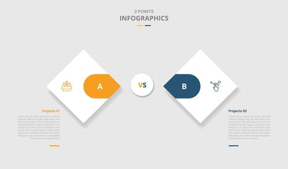 2 points comparison versus for infographic with rhombus diamond shape comparison box with drop shadow with two point list information vector