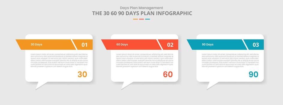 30 60 90 days management framework for infographic with drop shadow style with callout discussion box with sharp header with 3 point list information vector