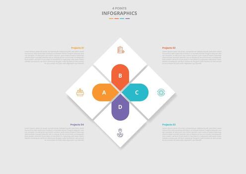4 points template infographic with big rhombus with small component structure with drop shadow style with three stage list information vector