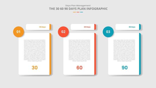 30 60 90 days management framework for infographic with drop shadow style with table separated header with circle badge with 3 point list information vector