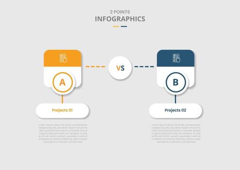 2 points comparison versus for infographic with round square box with circle line connection with drop shadow with two point list information vector