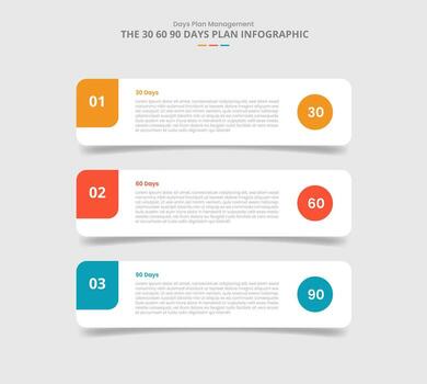 30 60 90 days management framework for infographic with drop shadow style with round rectangle box stack position with 3 point list information vector