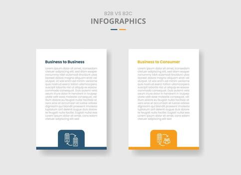 B2B vs B2C comparison for infographic with drop shadow style with vertical box with badge on bottom two point list information vector