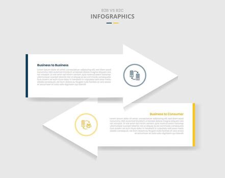 B2B vs B2C comparison for infographic with drop shadow style with big arrow container opposite direction two point list information vector